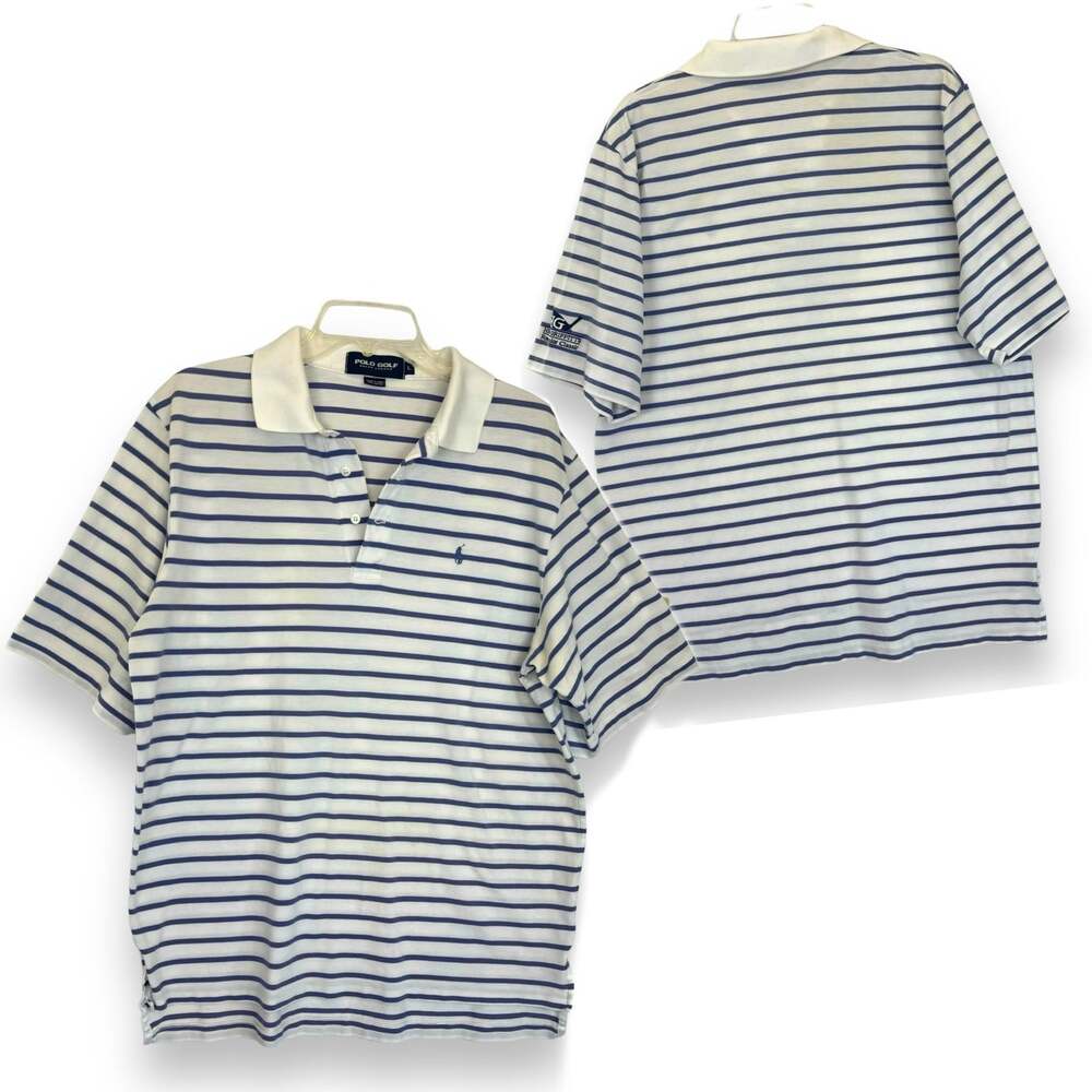 Polo Golf Ralph Lauren Shirt L Blue White Striped Cotton Pique Pony Preppy